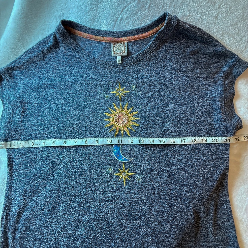 TrueSelf Top Womens L Blue Celestial Sun Moon Sequin Boho Whimsigoth - Picture 5 of 10